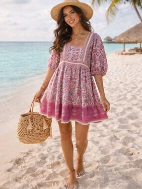 Mille Resort and Travel Mini Dress Liesl Medium Puff Sleeve Floral Boho Babydoll